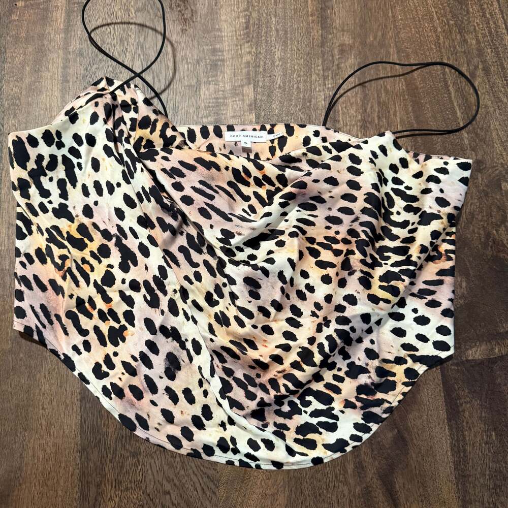 Good American Leopard Print Cowl Neck Crop Satin top